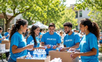 A diverse group of young volunteers joyfully organizing donations
