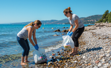 Two women cleaning and collecting trash from a rocky shoreline