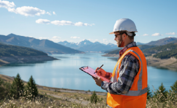 A construction worker holding a a clipboard and taking safety notes