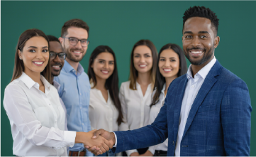 Two people shaking hands and smiling