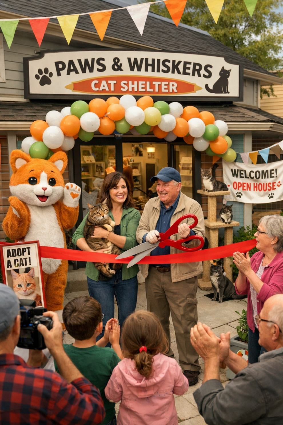 A cat shelter grand opening with ribbons