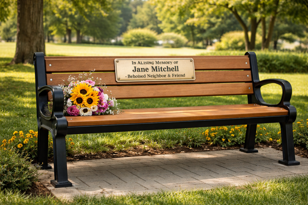 A bench with a plaque that reads in memory of