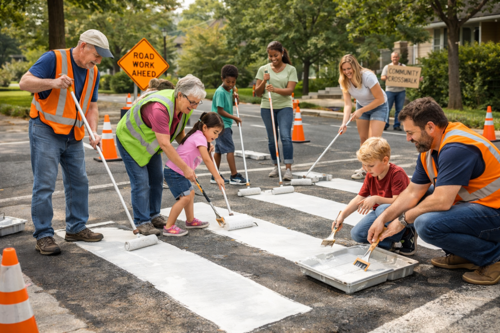 People in high visibility vests painting a crosswalk