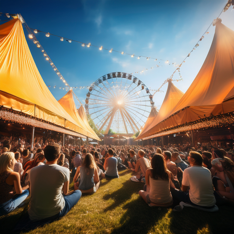  Crowd sits under tents with Ferris wheel