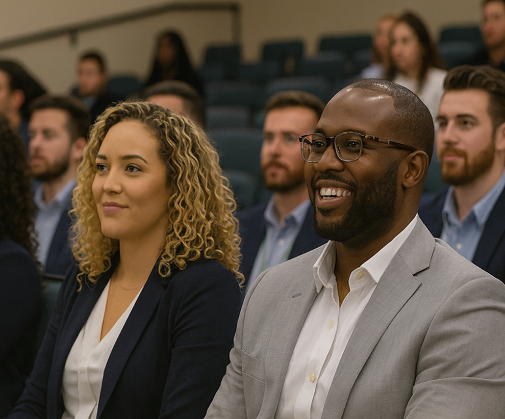 Two people smiling and sitting in an auditorium
